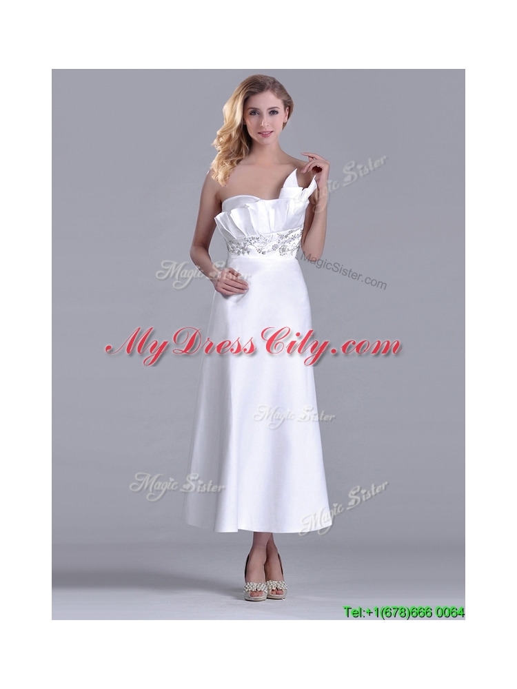 Latest Asymmetrical Side Zipper White Mother Dress in Tea Length