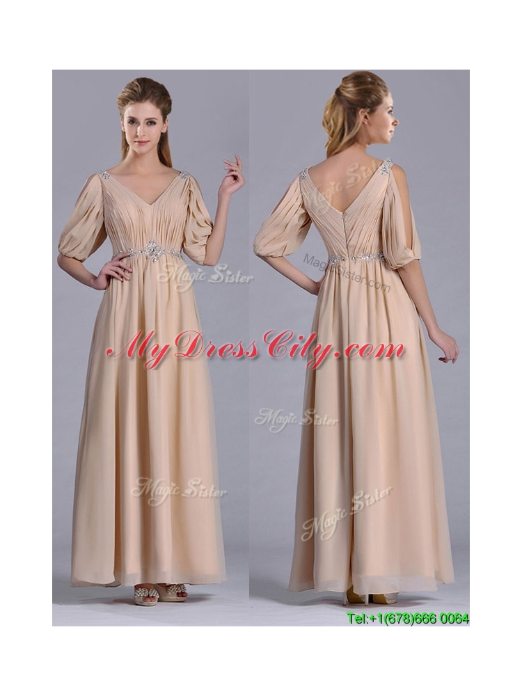 Latest Beaded and Ruched V Neck Long Mother Dress in Champagne