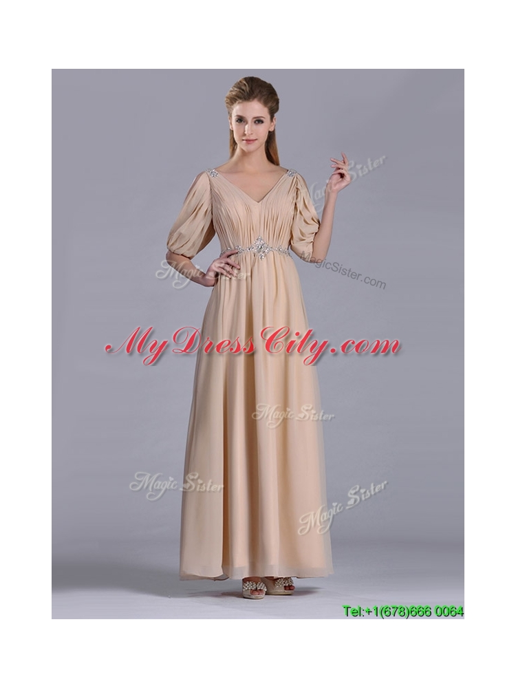 Latest Beaded and Ruched V Neck Long Mother Dress in Champagne