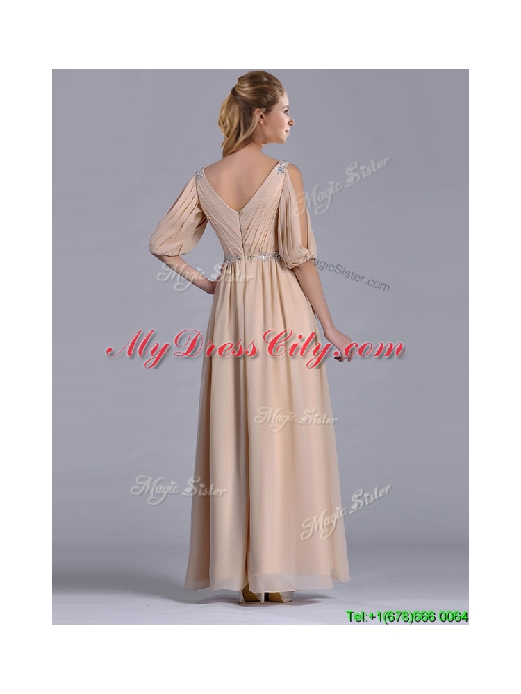 Latest Beaded and Ruched V Neck Long Mother Dress in Champagne