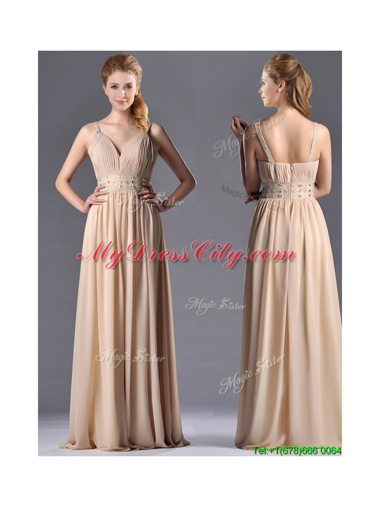 Latest Champagne Empire Straps Beaded Chiffon Mother Dress for Graduation