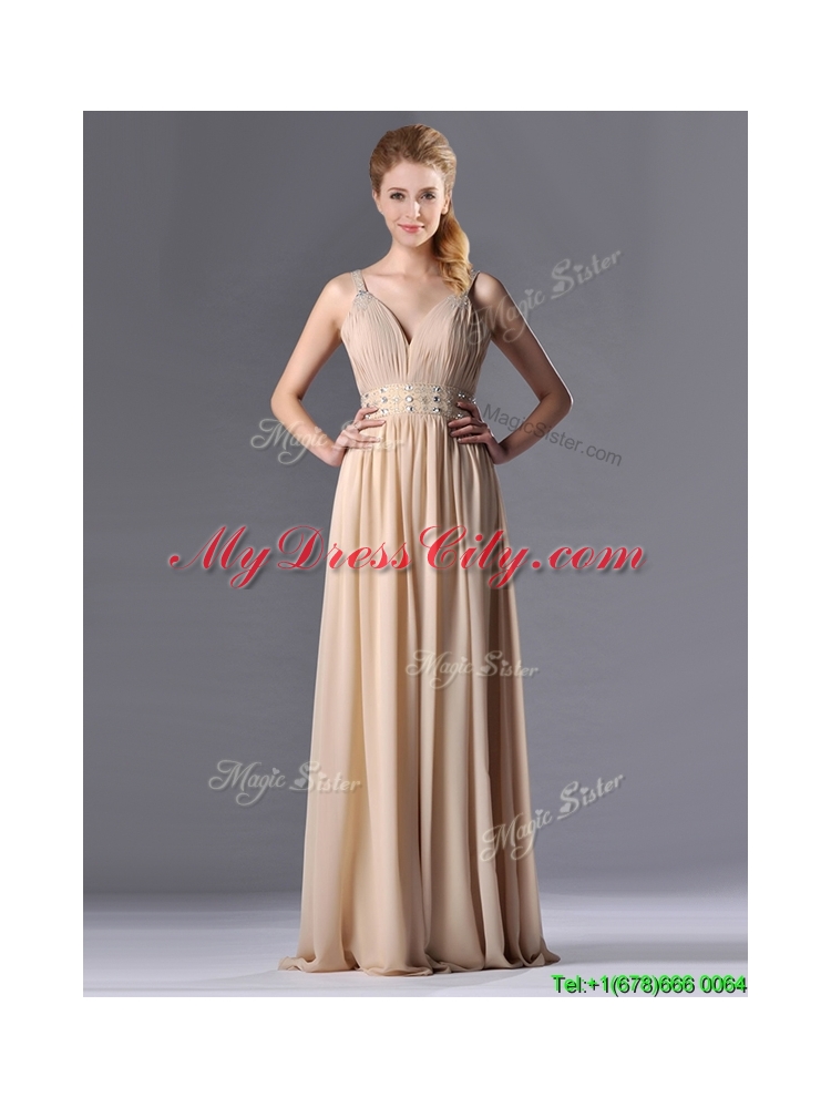 Latest Champagne Empire Straps Beaded Chiffon Mother Dress for Graduation