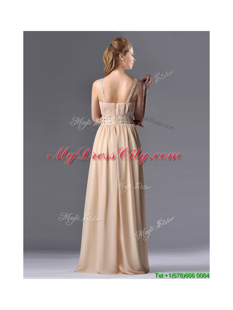 Latest Champagne Empire Straps Beaded Chiffon Mother Dress for Graduation