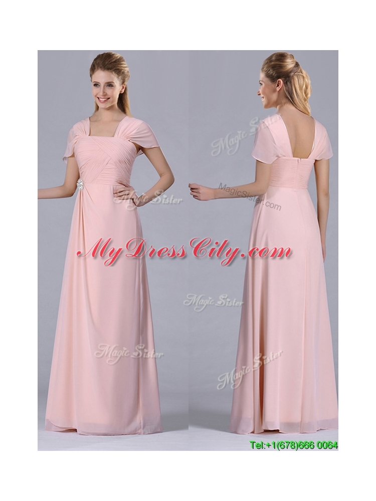 Latest Column Square Chiffon Light Pink Chiffon Ruching Mother Dress for Homecoming