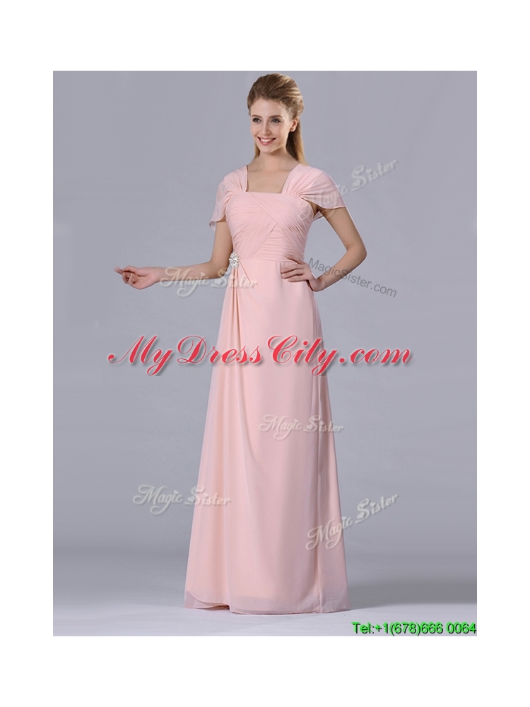 Latest Column Square Chiffon Light Pink Chiffon Ruching Mother Dress for Homecoming