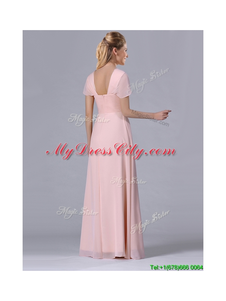 Latest Column Square Chiffon Light Pink Chiffon Ruching Mother Dress for Homecoming