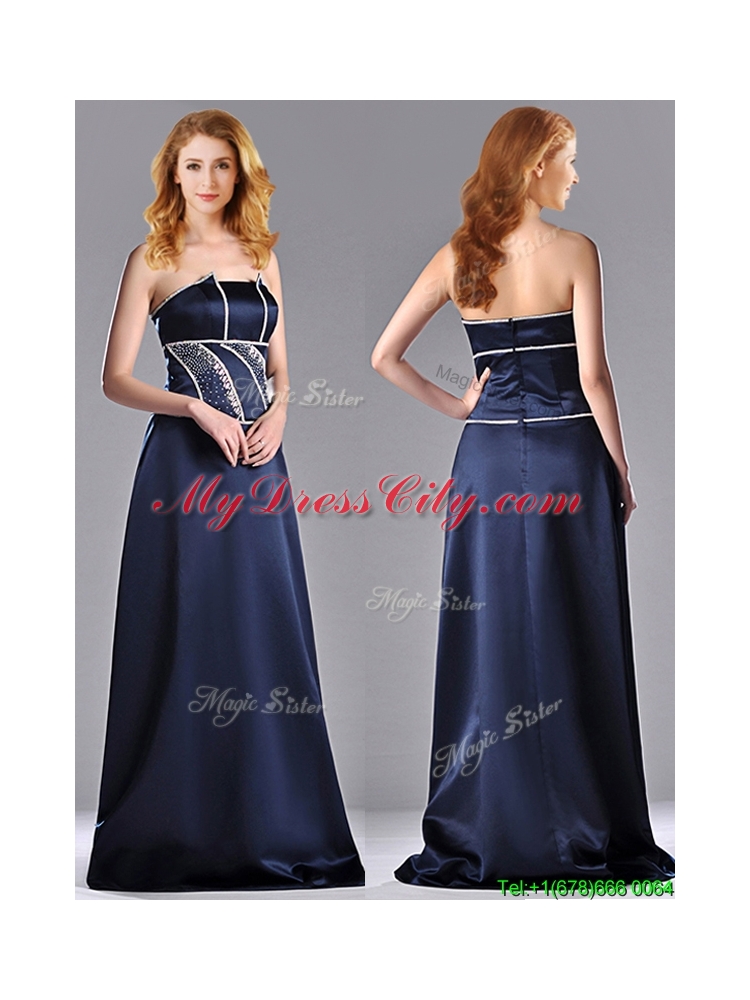 Latest Column Strapless Taffeta Long Mother Dress in Navy Blue