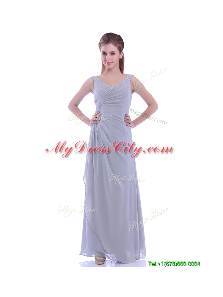 Latest Column V Neck Ankle-length Ruching Mother Dress in Grey