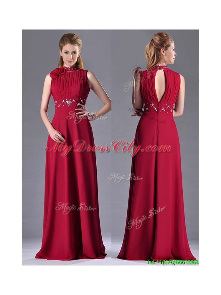 Latest Empire High Neck Open Back Red Mother Dress with Beading and Hand Crafted