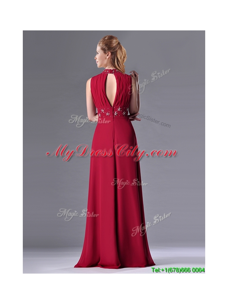 Latest Empire High Neck Open Back Red Mother Dress with Beading and Hand Crafted