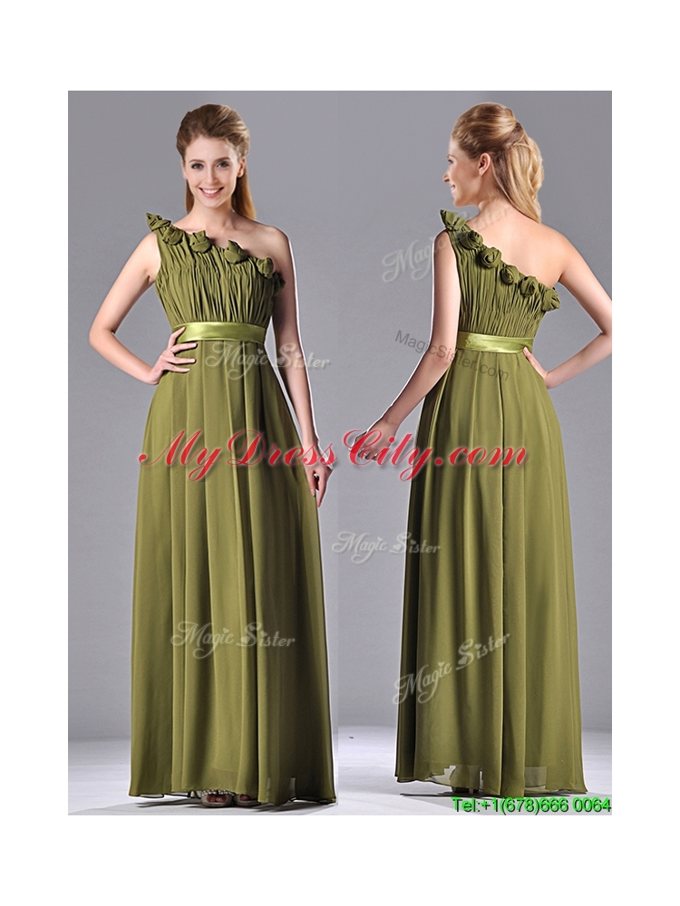 Latest Empire One Shoulder Ruched and Belt Mother Dress in Olive Green