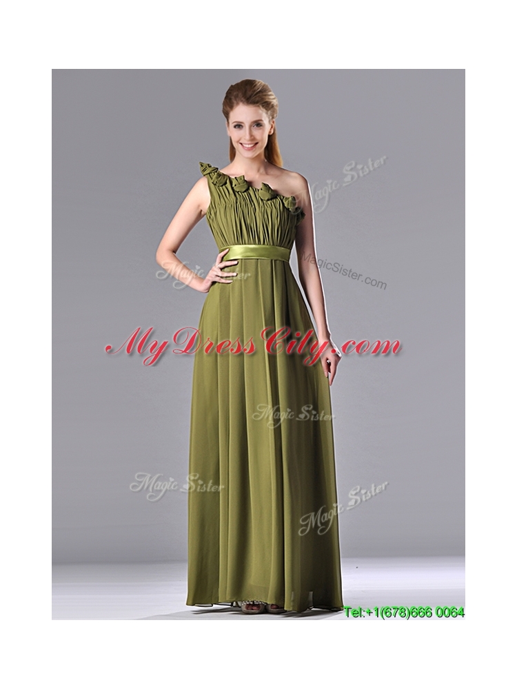 Latest Empire One Shoulder Ruched and Belt Mother Dress in Olive Green