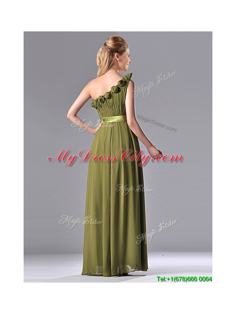 Latest Empire One Shoulder Ruched and Belt Mother Dress in Olive Green