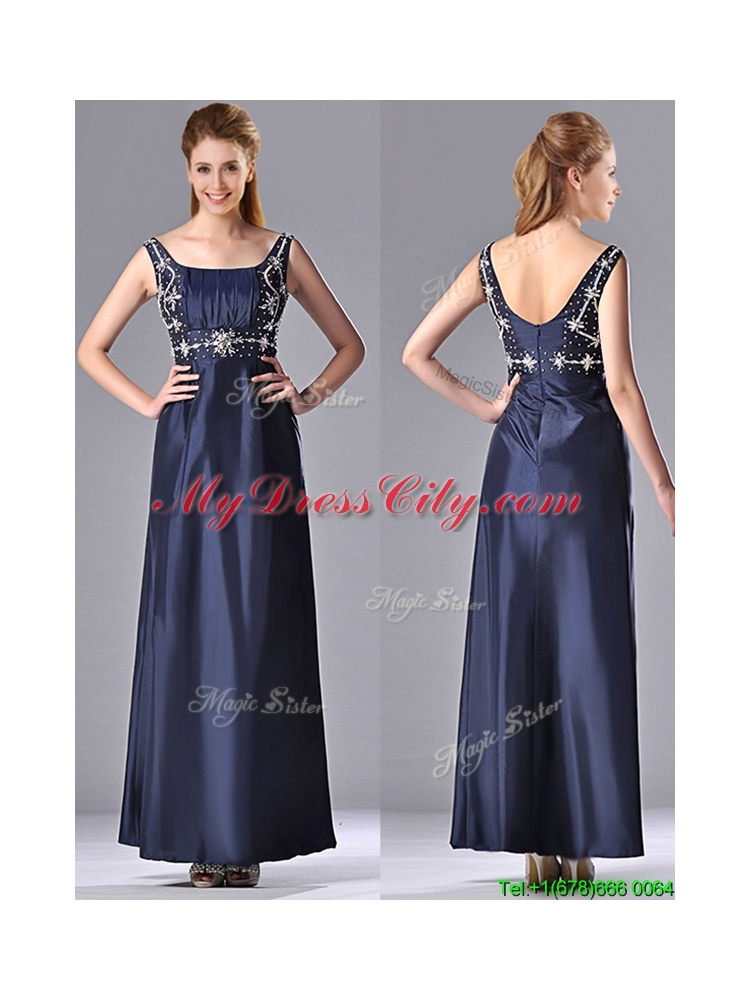 Latest Empire Square Taffeta Beading Long Mother Dress in Navy Blue