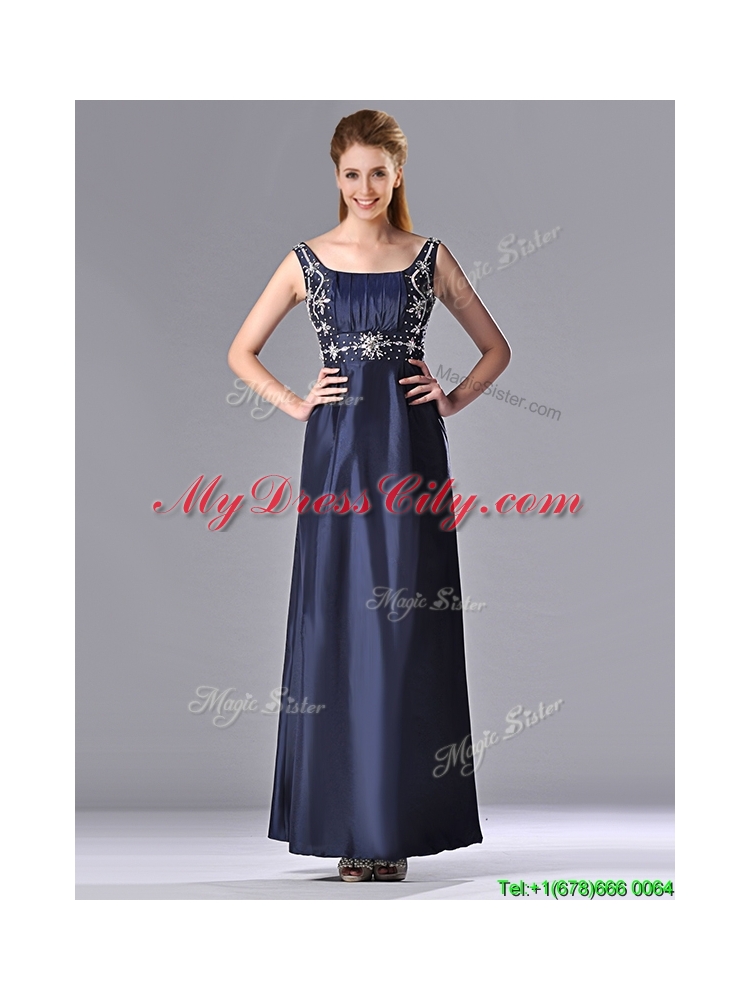 Latest Empire Square Taffeta Beading Long Mother Dress in Navy Blue