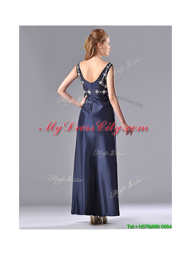 Latest Empire Square Taffeta Beading Long Mother Dress in Navy Blue