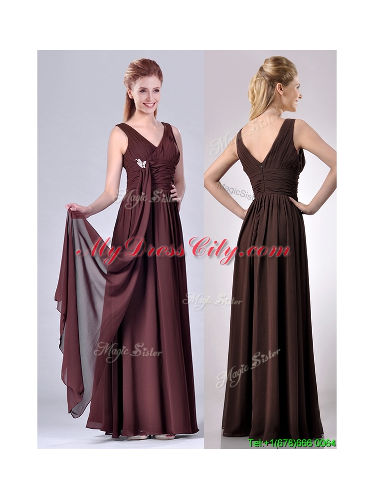 Latest Empire V Neck Chiffon Long Mother Dress in Brown