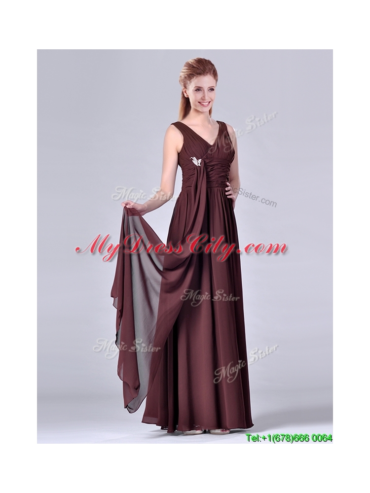 Latest Empire V Neck Chiffon Long Mother Dress in Brown