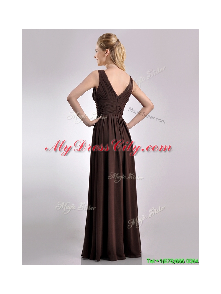 Latest Empire V Neck Chiffon Long Mother Dress in Brown