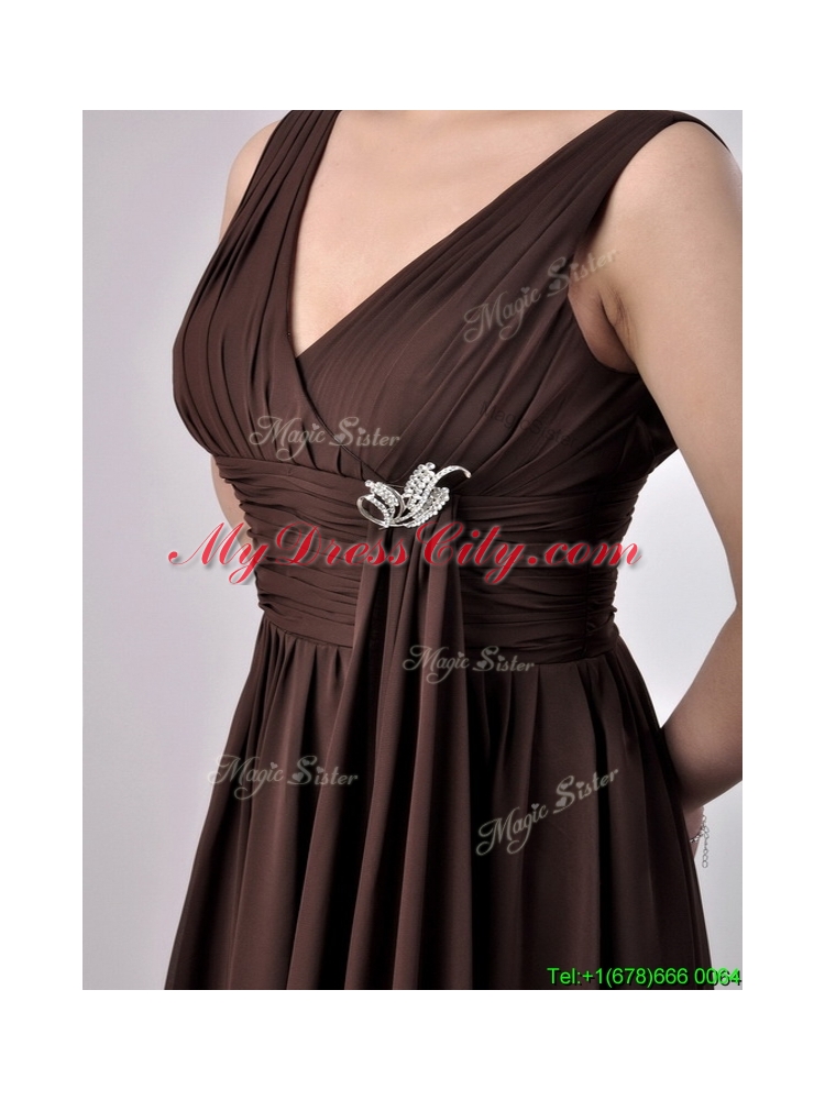 Latest Empire V Neck Chiffon Long Mother Dress in Brown