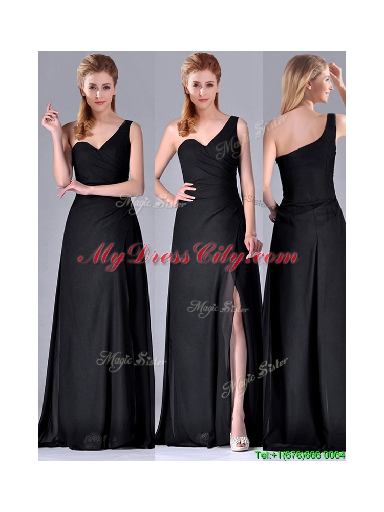 Latest One Shoulder Black Mother Dress with Ruching and High Slit