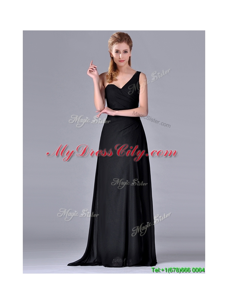 Latest One Shoulder Black Mother Dress with Ruching and High Slit