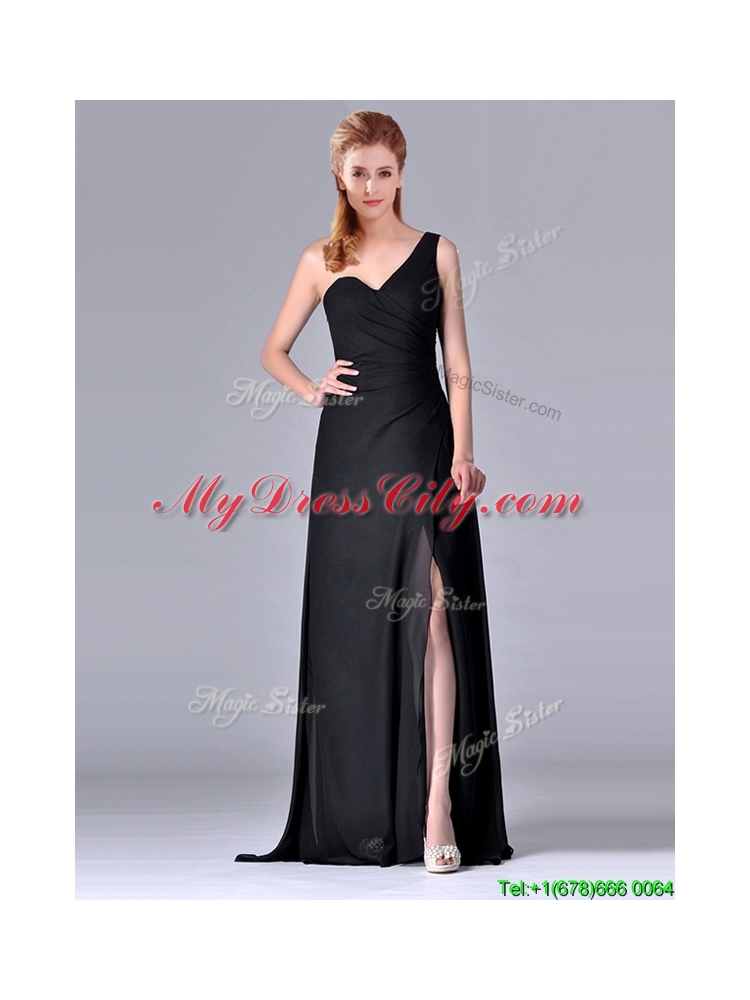 Latest One Shoulder Black Mother Dress with Ruching and High Slit