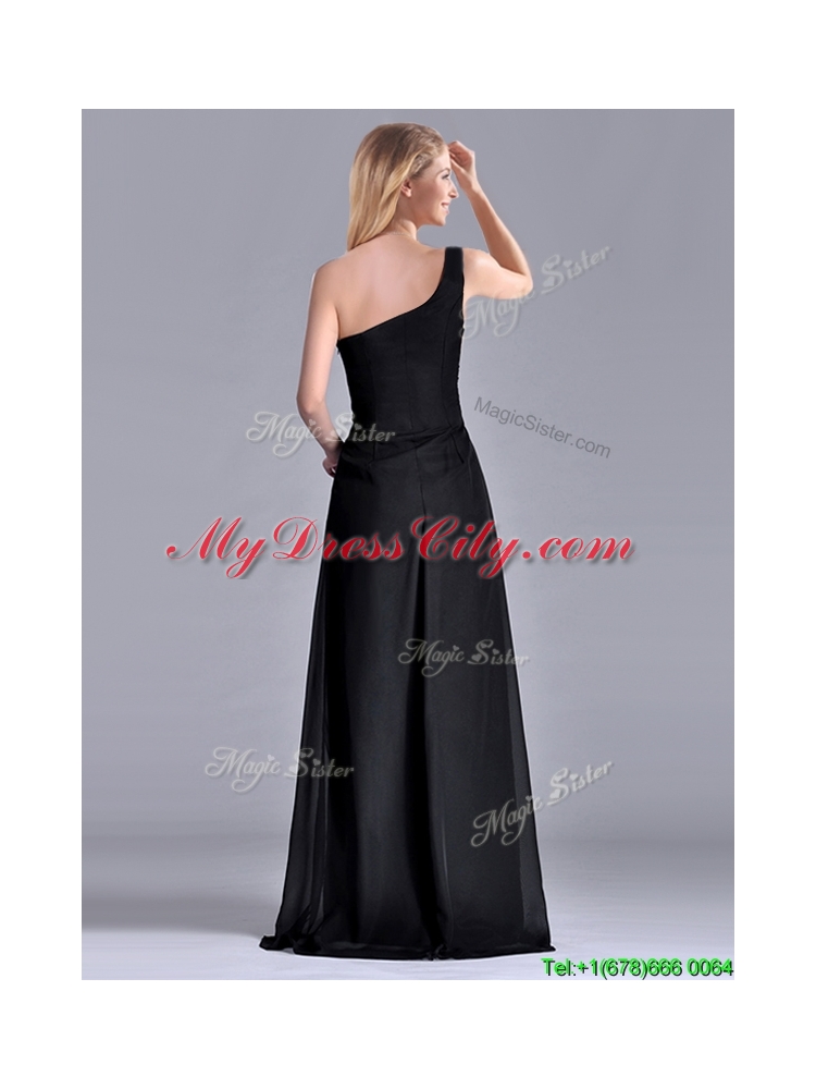 Latest One Shoulder Black Mother Dress with Ruching and High Slit