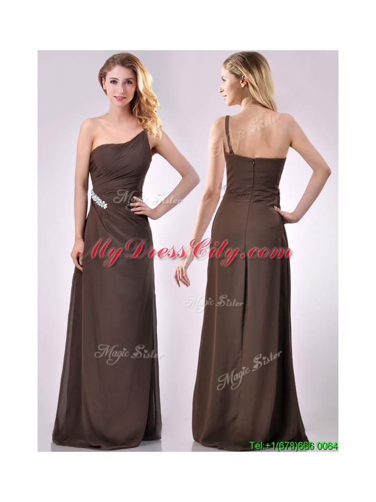 Latest One Shoulder Taffeta Beaded Mother Dress in Brown