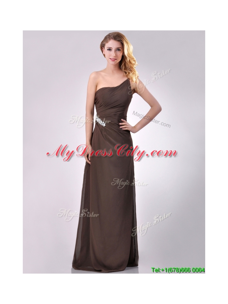 Latest One Shoulder Taffeta Beaded Mother Dress in Brown