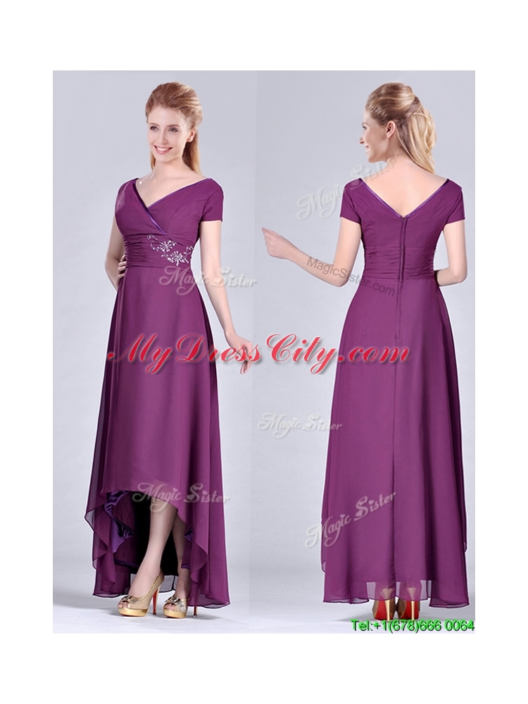 Latest Short High-low Chiffon Dark Purple Short Sleeves Mother Dress with V Neck