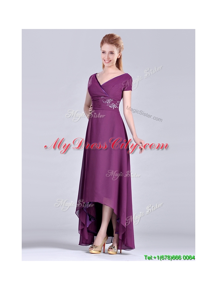 Latest Short High-low Chiffon Dark Purple Short Sleeves Mother Dress with V Neck