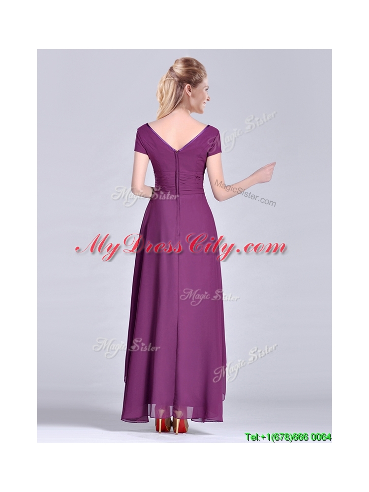 Latest Short High-low Chiffon Dark Purple Short Sleeves Mother Dress with V Neck