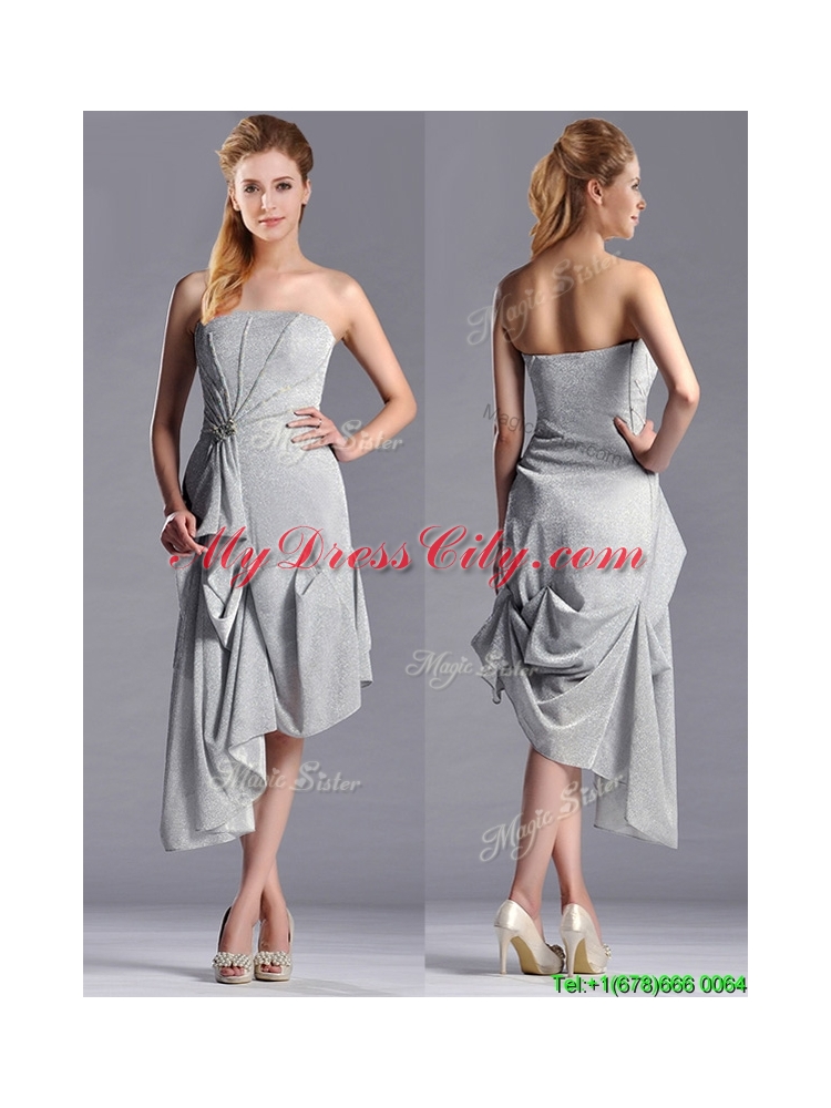 Latest Side Zipper Strapless Silver Mother Dress in Asymmetrical