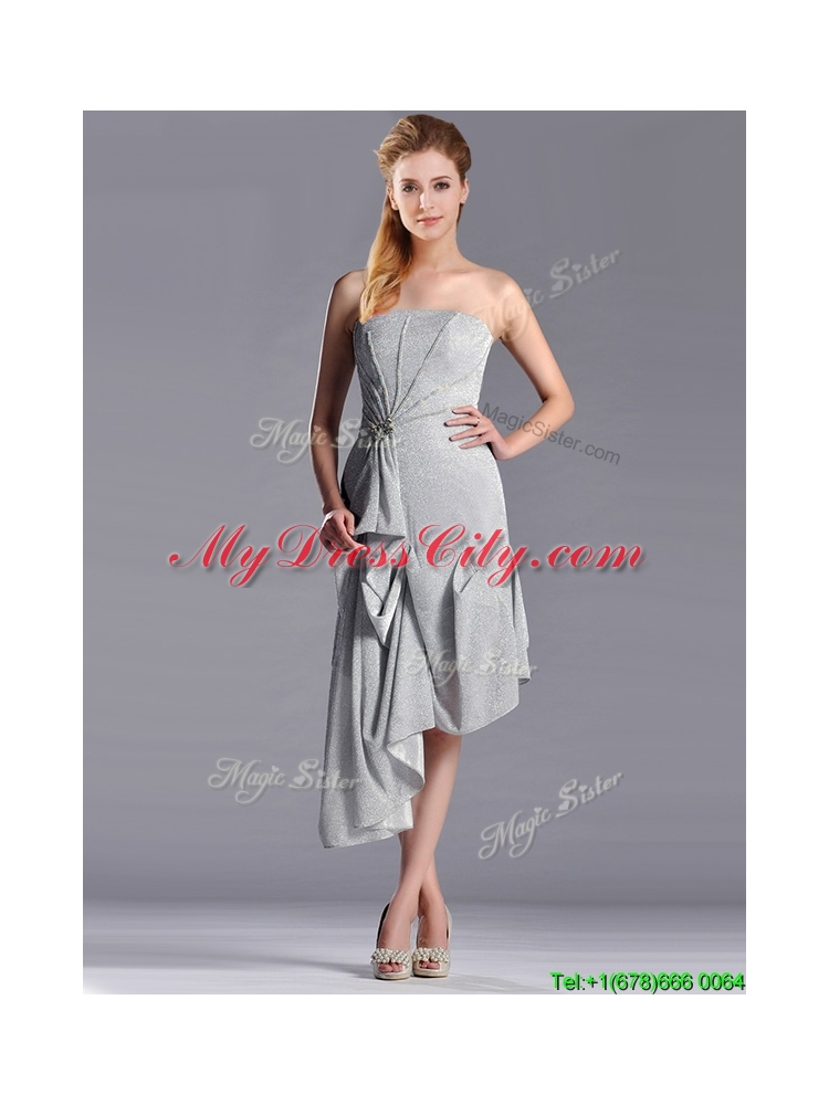 Latest Side Zipper Strapless Silver Mother Dress in Asymmetrical