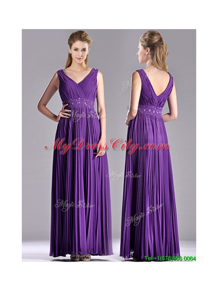 Latest V Neck Purple Mother Dress with Beading and Pleats