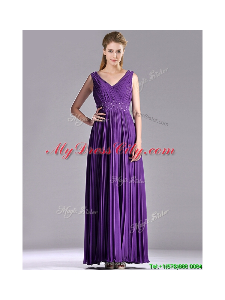 Latest V Neck Purple Mother Dress with Beading and Pleats