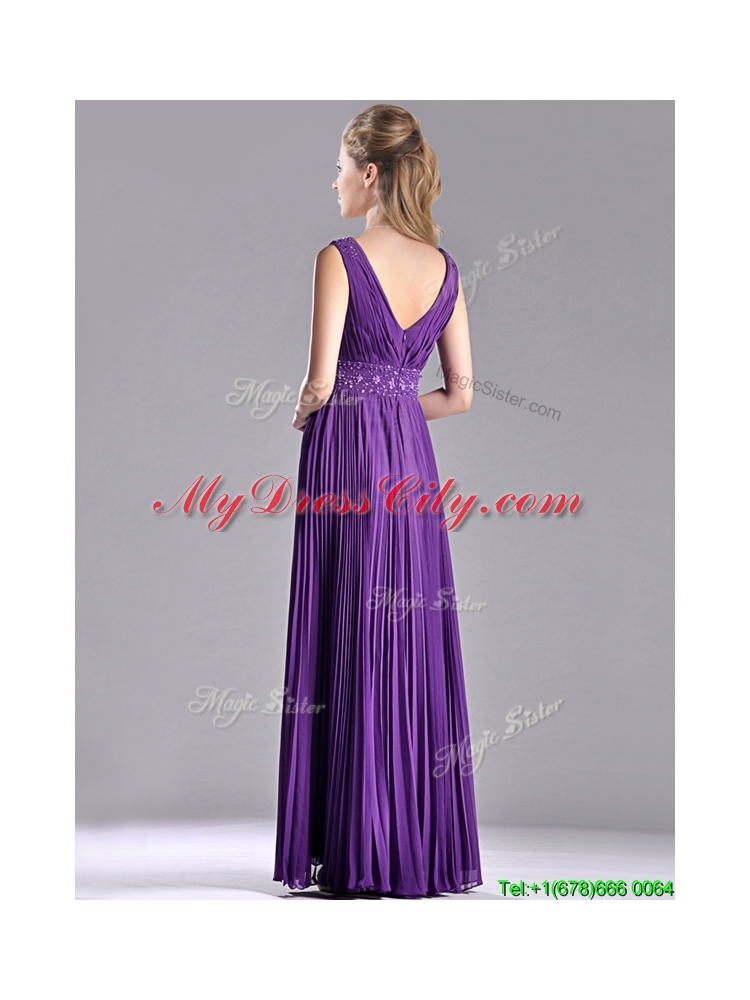 Latest V Neck Purple Mother Dress with Beading and Pleats