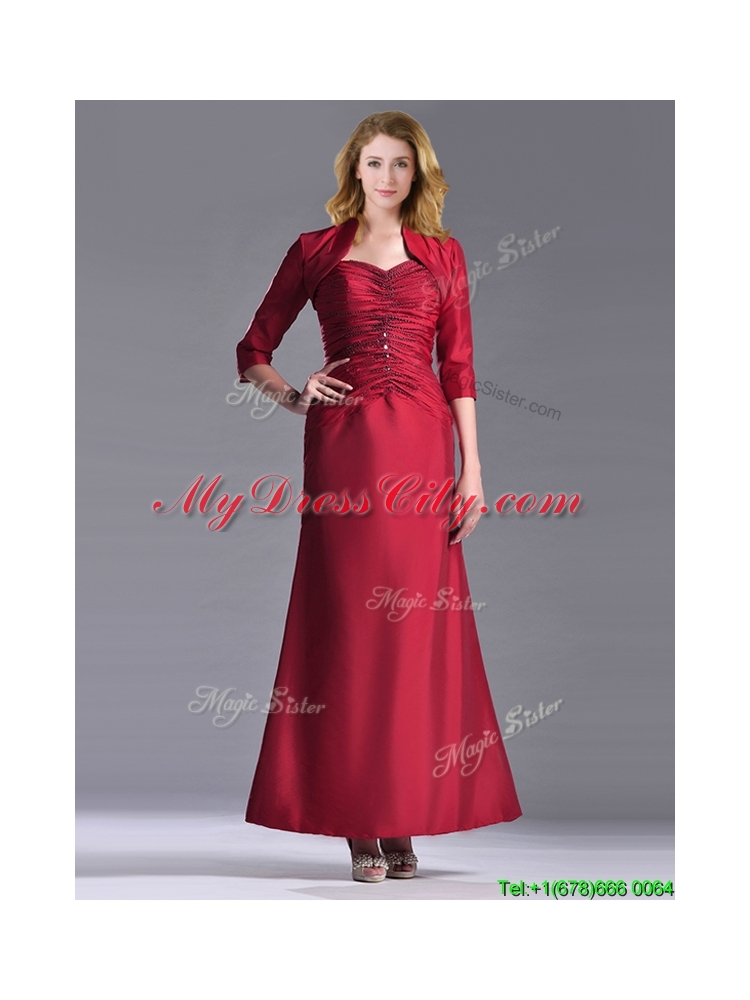 Classical Spaghetti Straps Taffeta Beaded Mother Dress in Wine Red