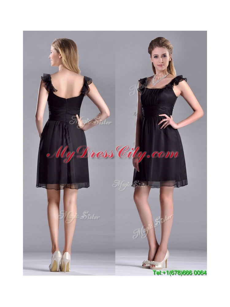 Designer Empire Square Chiffon Black Prom Dress with Cap Sleeves