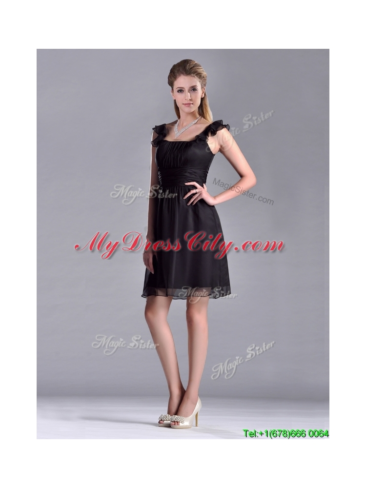 Designer Empire Square Chiffon Black Prom Dress with Cap Sleeves