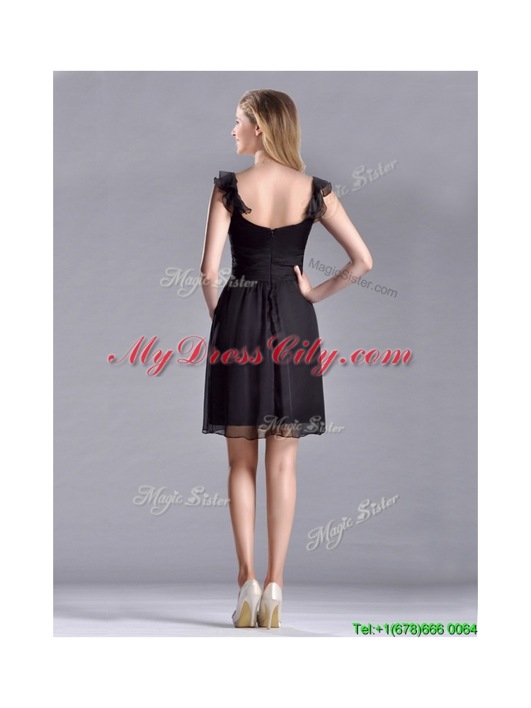 Designer Empire Square Chiffon Black Prom Dress with Cap Sleeves