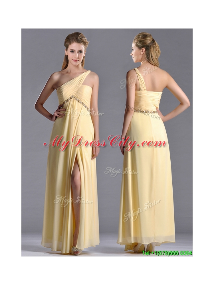 Designer Exquisite One Shoulder Yellow Prom Dress with Beading and High Slit