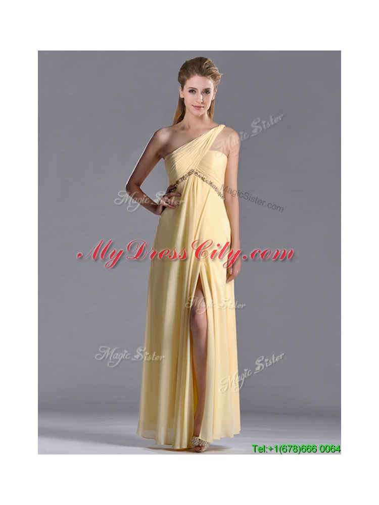 Designer Exquisite One Shoulder Yellow Prom Dress with Beading and High Slit