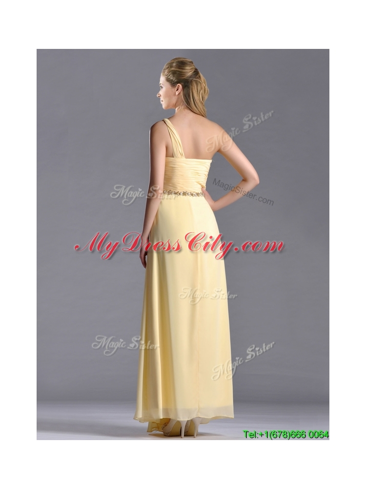 Designer Exquisite One Shoulder Yellow Prom Dress with Beading and High Slit