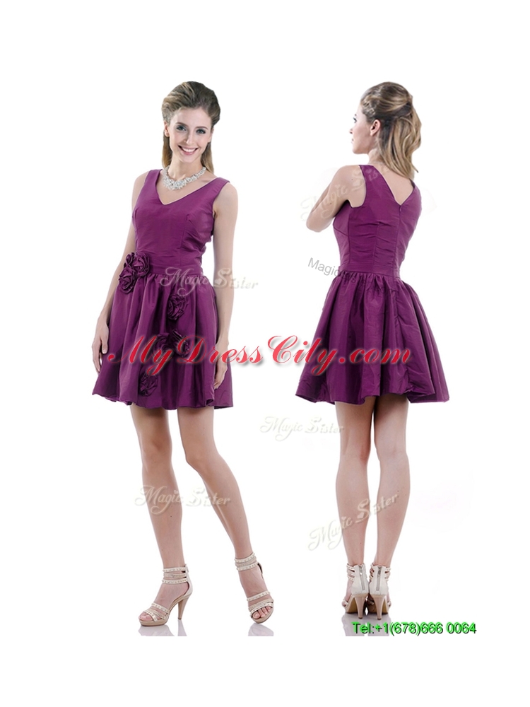 Designer Exquisite V Neck Taffeta Purple Prom Dress with Handcrafted Flowers