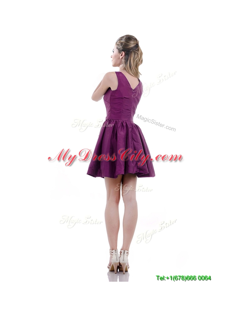 Designer Exquisite V Neck Taffeta Purple Prom Dress with Handcrafted Flowers