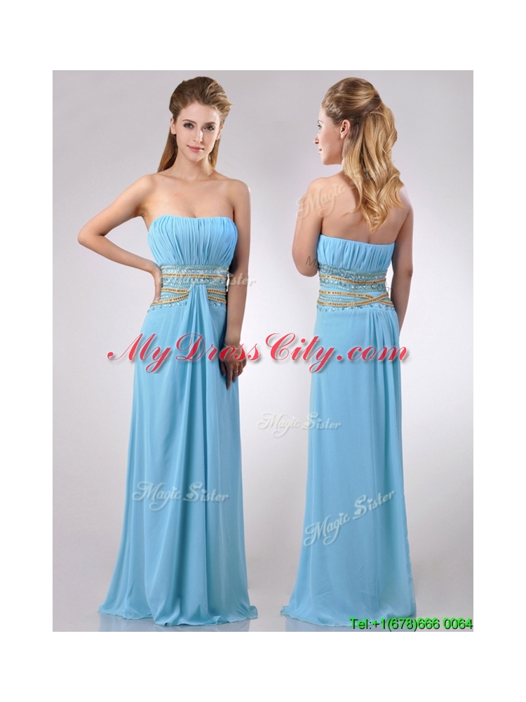 Discount Beaded Decorated Waist and Ruched Bodice Prom Dress in Aqua Blue