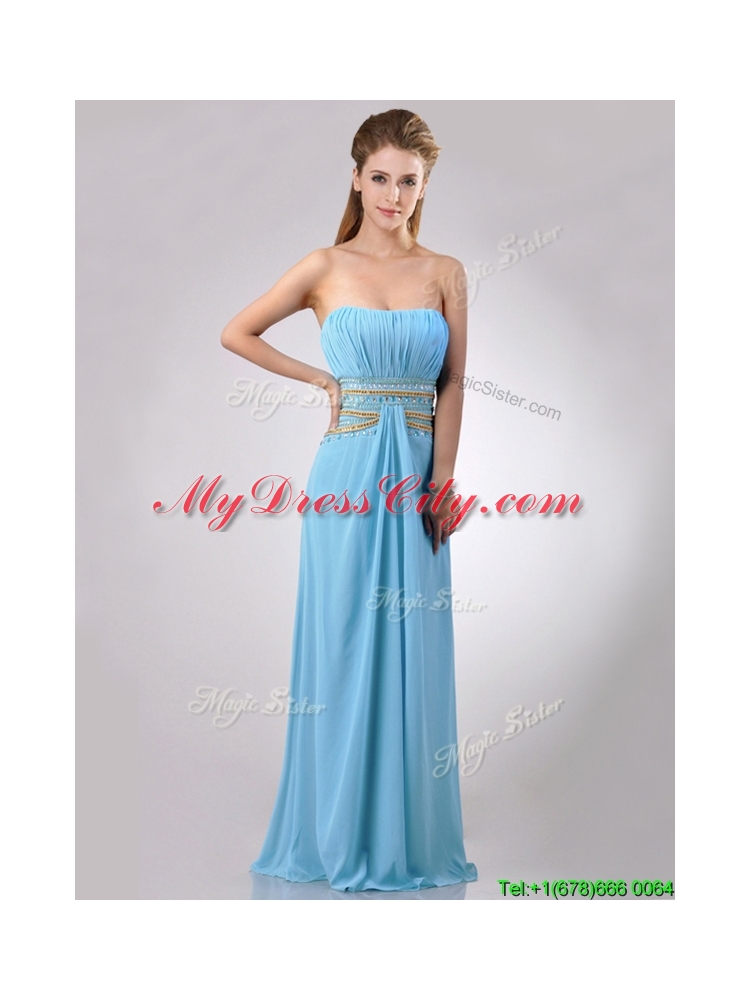 Discount Beaded Decorated Waist and Ruched Bodice Prom Dress in Aqua Blue