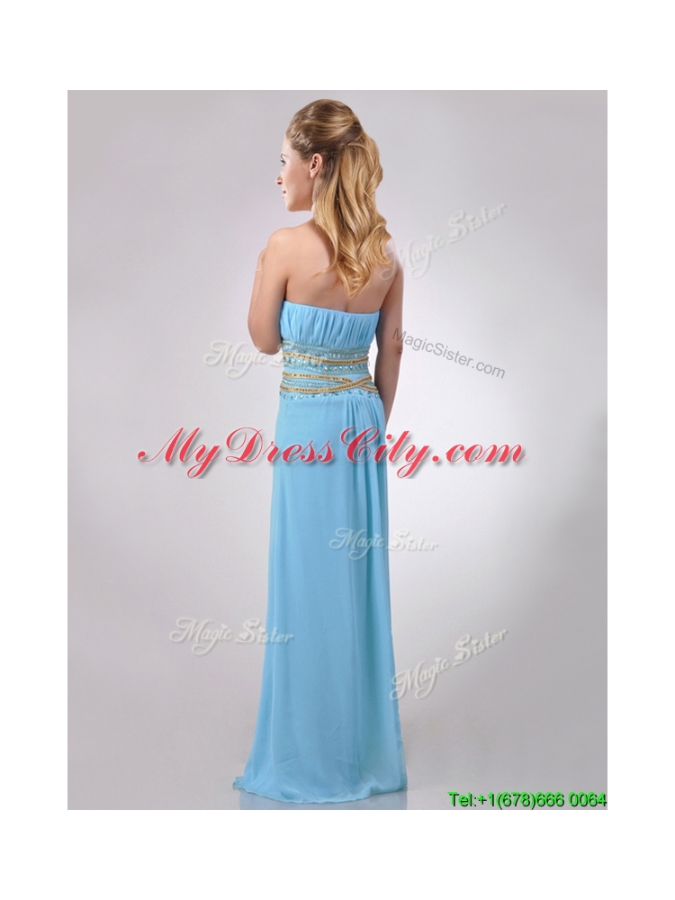 Discount Beaded Decorated Waist and Ruched Bodice Prom Dress in Aqua Blue